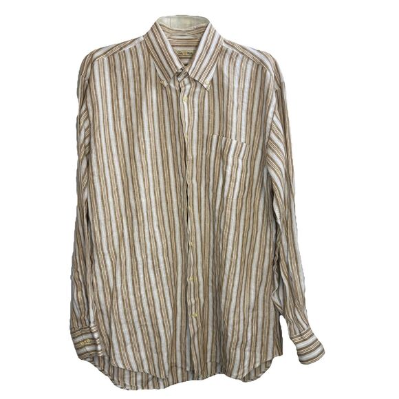 Peter Millar Men's Long Sleeve striped Shirt 100% Linen, Button-Up Size XL beige - Picture 6 of 7
